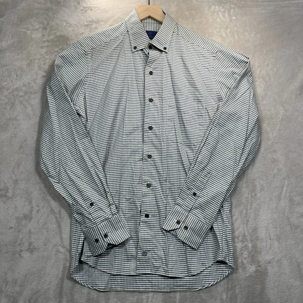 David Donahue Button Up Dress Shirt Mens M Blue Green Check Cotton Long Sleeve